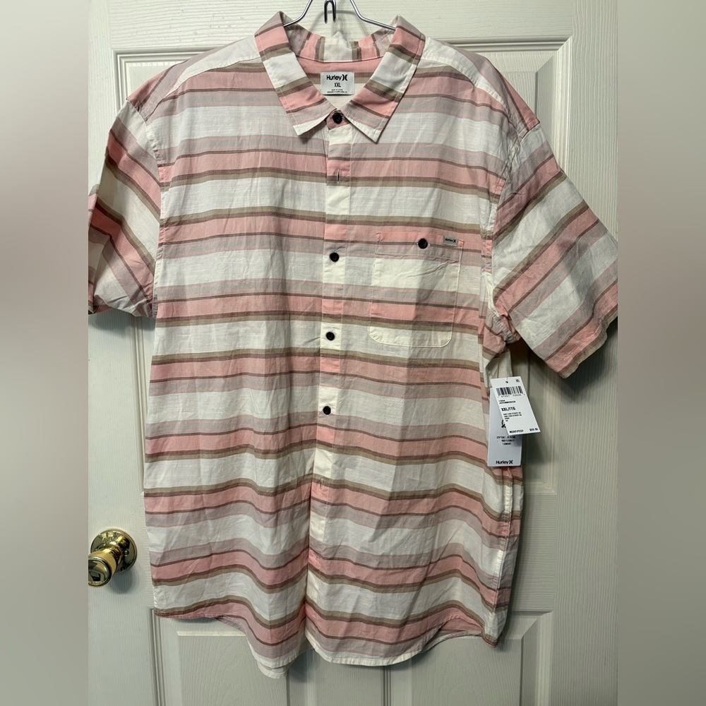 NWT Men’s Hurley Oak Lido Stretch Short Sleeve Shirt Bone Striped XXL $65